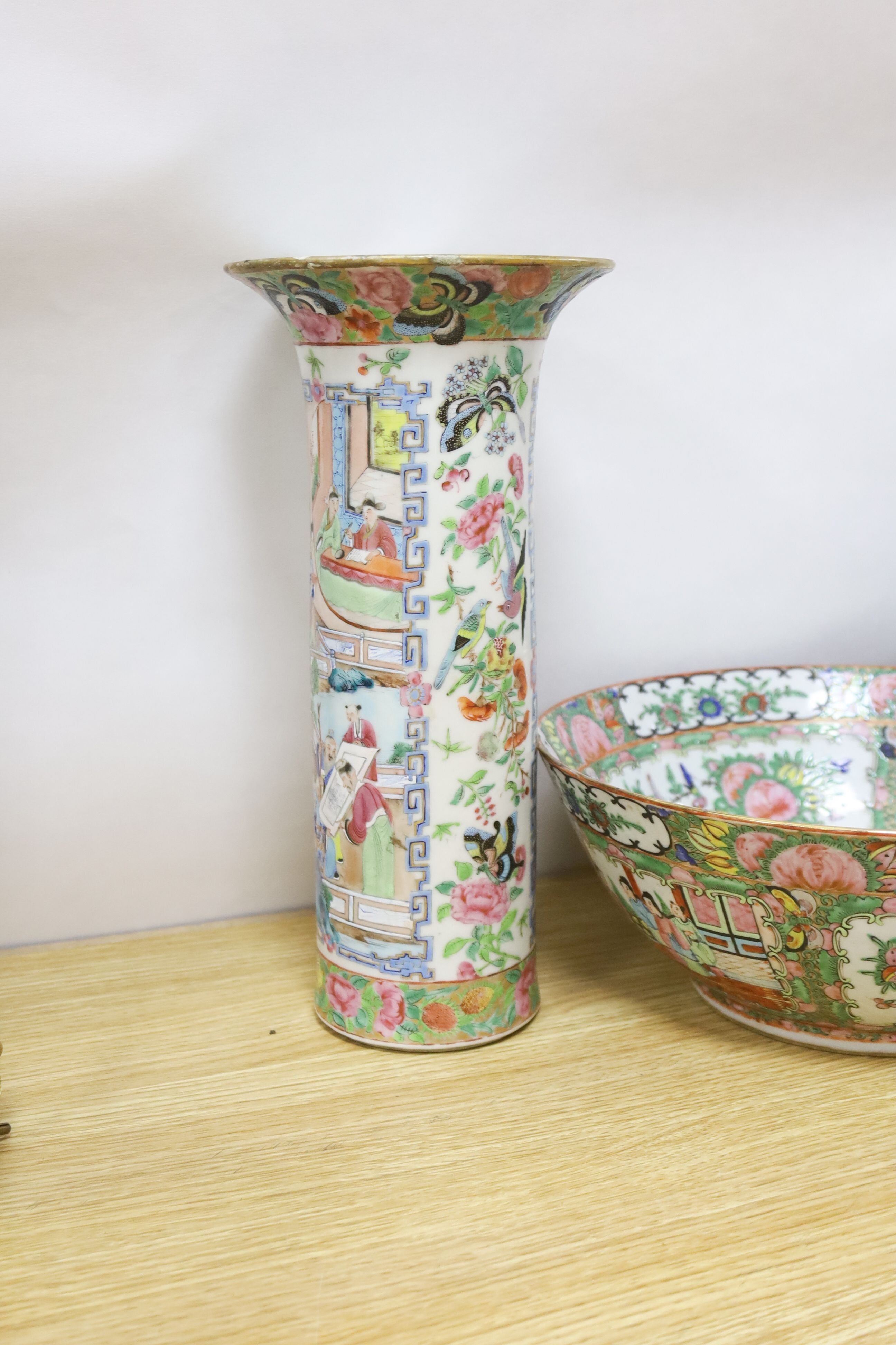 A Chinese famille rose sleeve vase, a similar bowl and a crackle glaze vase, 19th century and later, 31cm